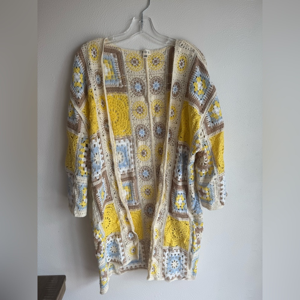 POL Crochet Patchwork Cardigan Sweater - Yellow, Cream & Baby Blue - Picture 3 of 10